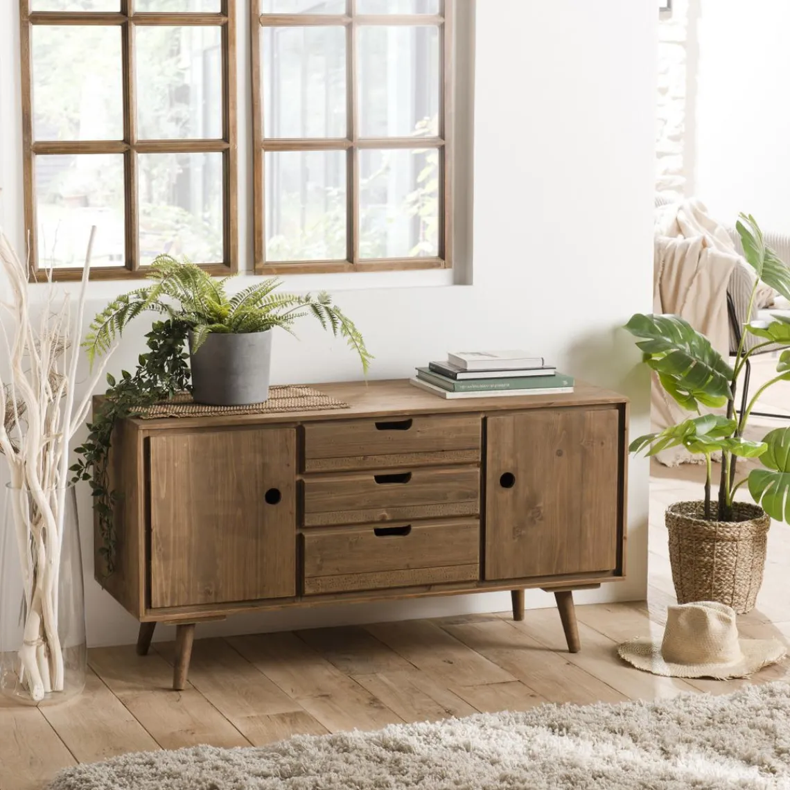 Macabane Buffet ANDY Scandi Bois 2 Portes 3 Tiroirs Sapin New