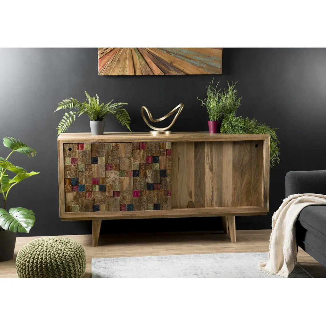 Macabane Buffet bois Manguier 160x45cm 2 portes coulissantes 1 étagère Jodhpur Best