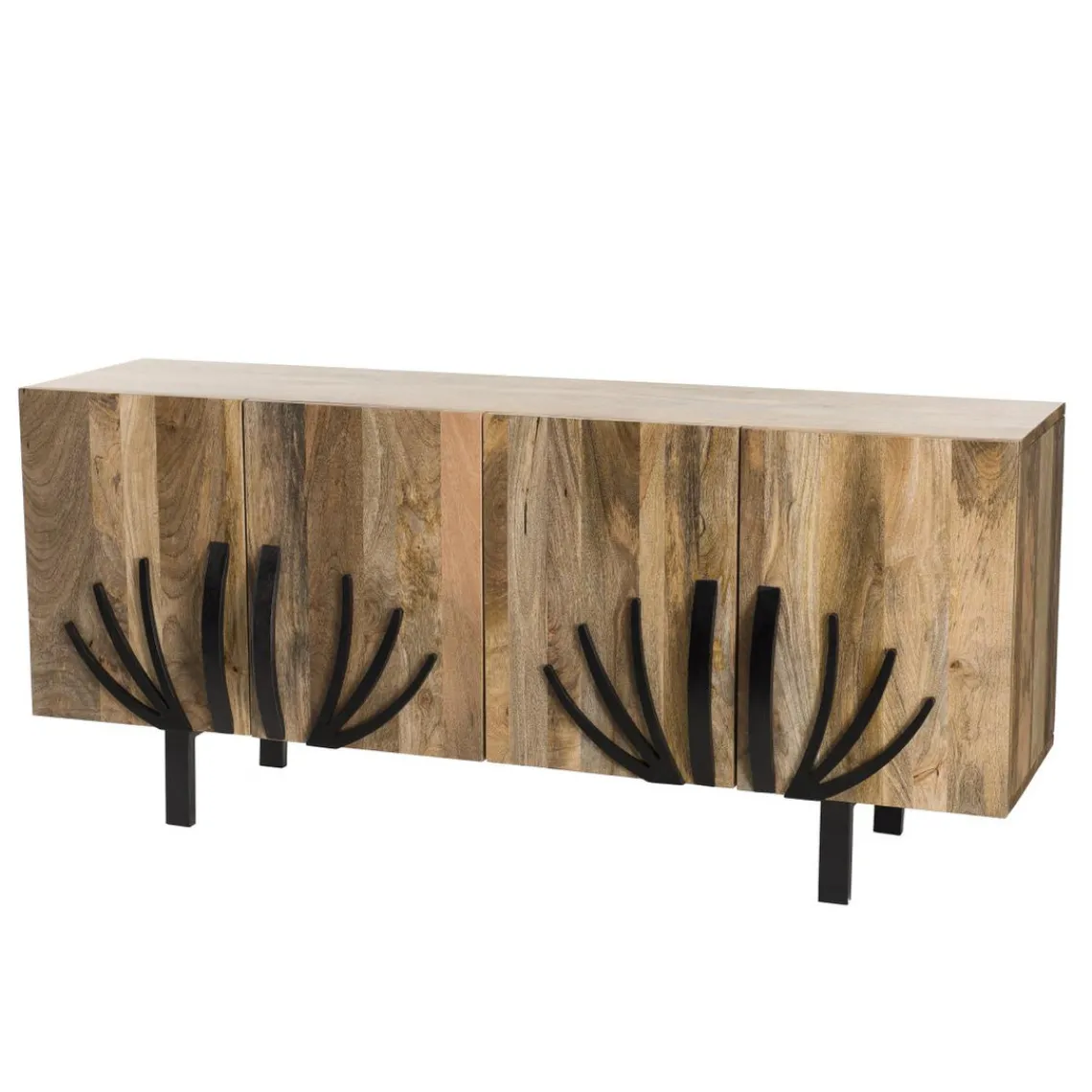 Macabane Buffet bois Manguier 177x45cm 4 portes 2 étagères déco branches pieds métal Bangalore Clearance