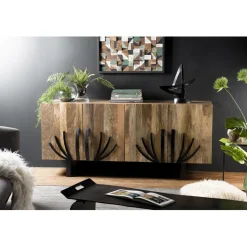 Macabane Buffet bois Manguier 177x45cm 4 portes 2 étagères déco branches pieds métal Bangalore Clearance