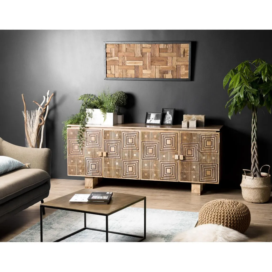 Macabane Buffet bois Manguier 177x45cm 4 portes 2 étagères Goa Clearance