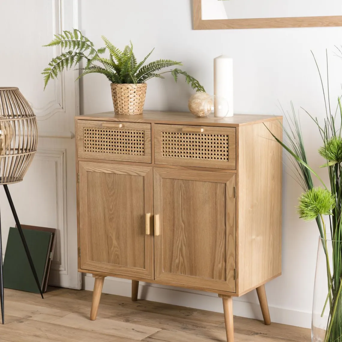 Macabane Buffet couleur naturel 2 tiroirs cannage 2 portes - RODRIGO New