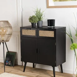 Macabane Buffet EMILIO Noir 2 Tiroirs 2 Portes Cannage New