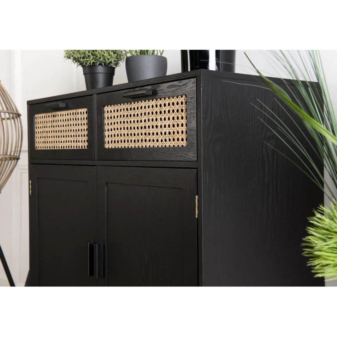 Macabane Buffet EMILIO Noir 2 Tiroirs 2 Portes Cannage New
