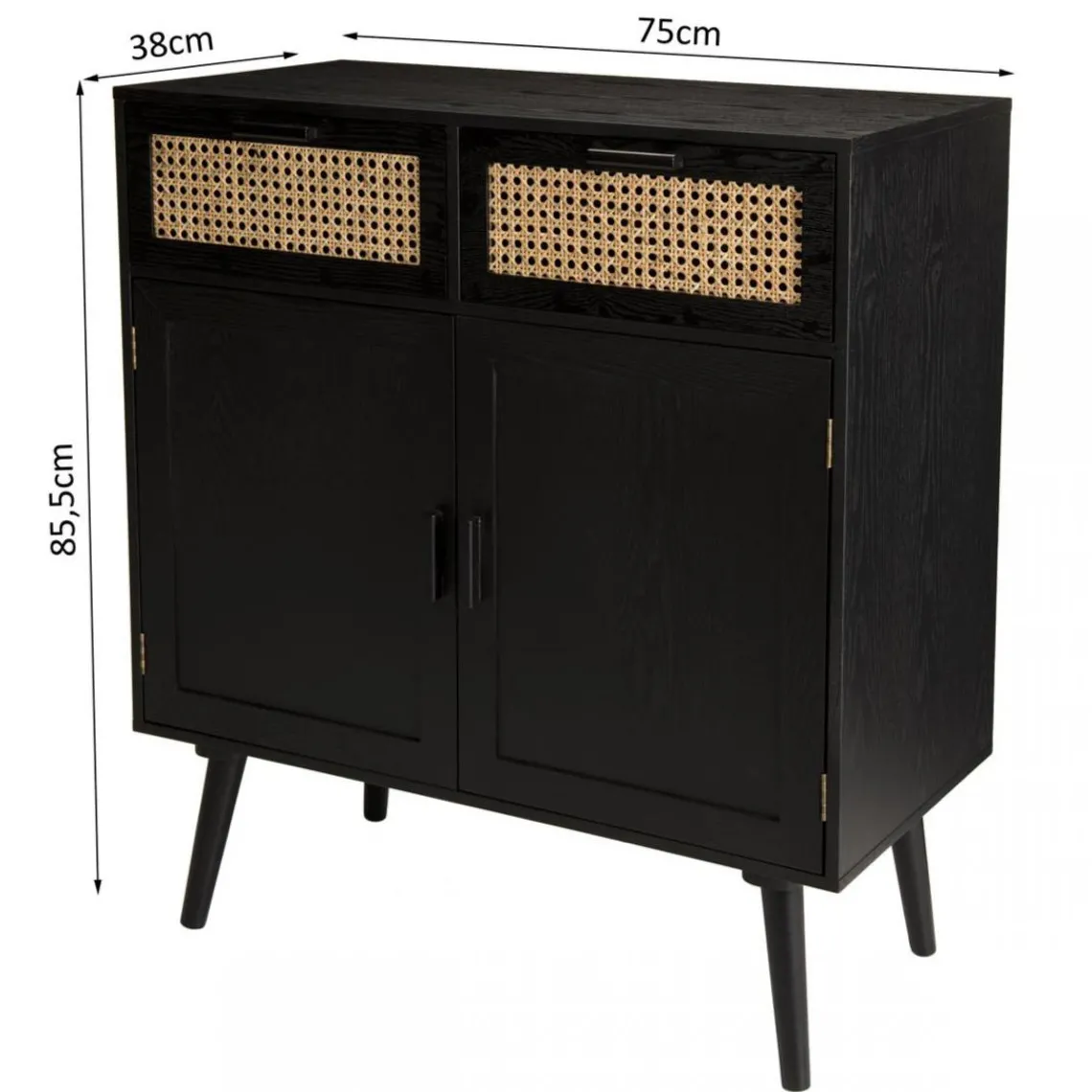 Macabane Buffet EMILIO Noir 2 Tiroirs 2 Portes Cannage New