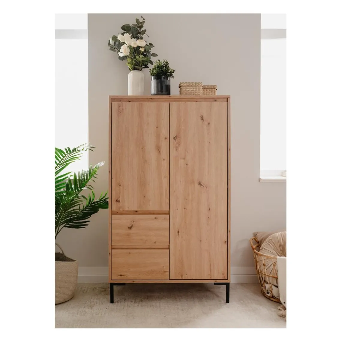 Calicosy Buffet Haut 2 Portes 2 Tiroirs et 2 étagères PLOCK Beige Best