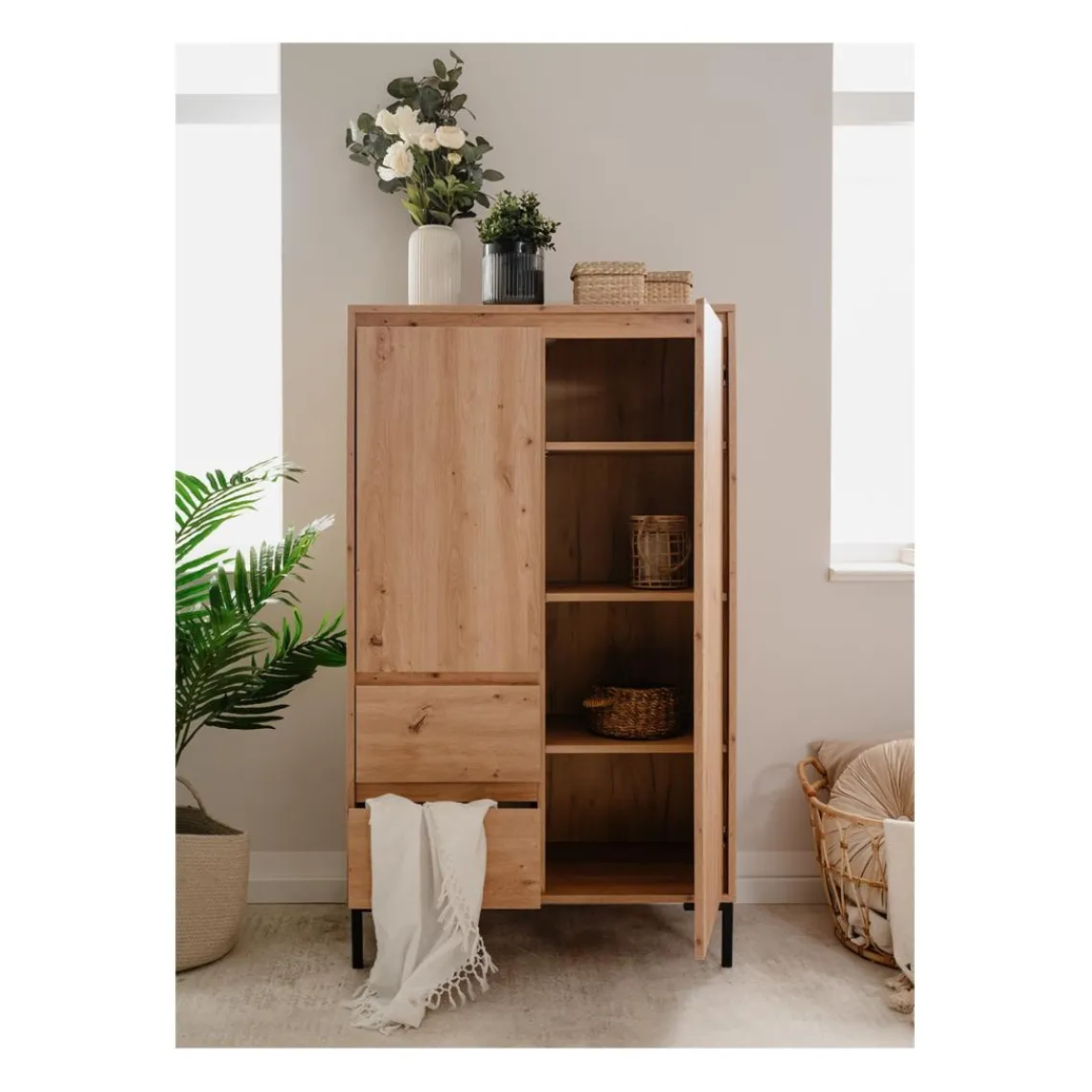 Calicosy Buffet Haut 2 Portes 2 Tiroirs et 2 étagères PLOCK Beige Best