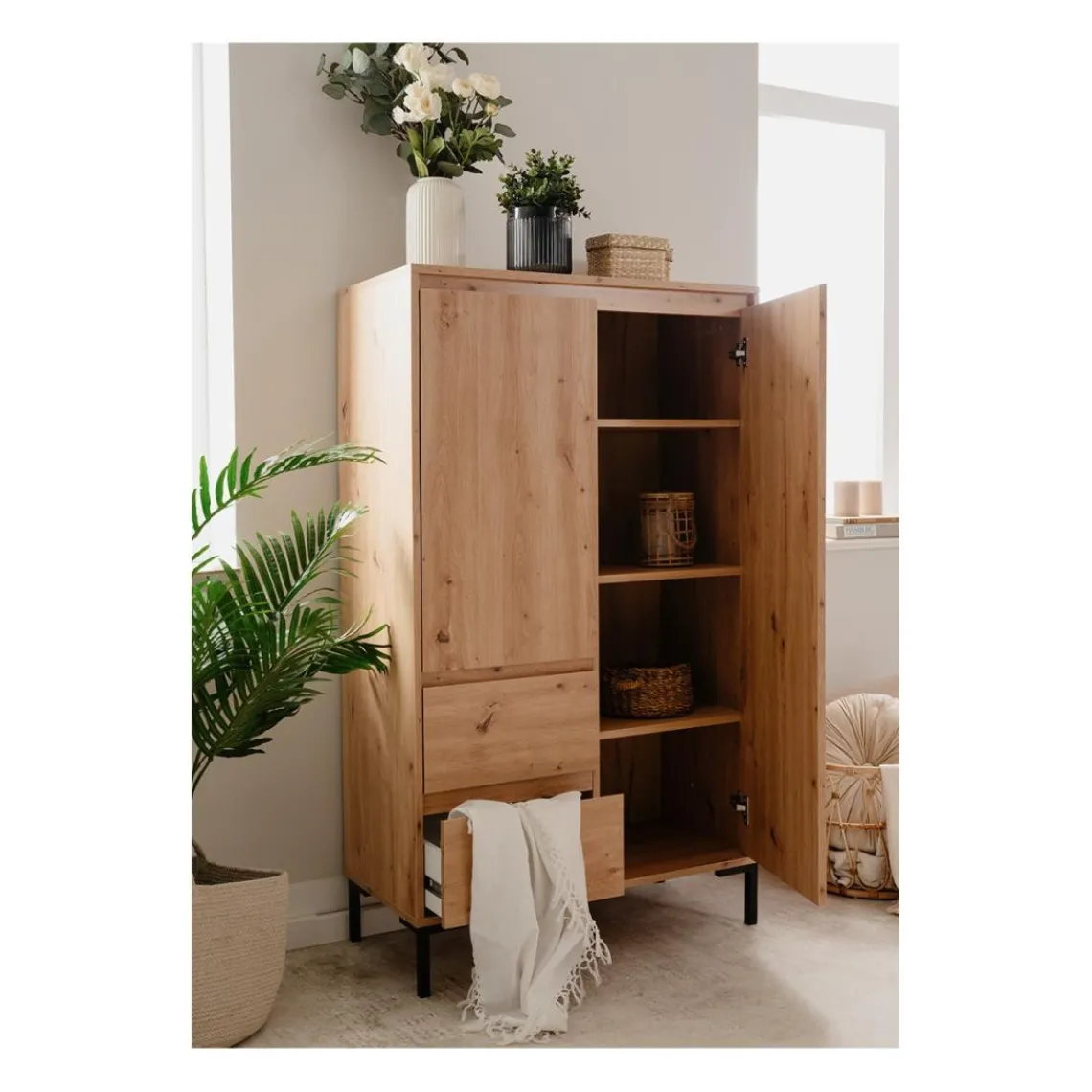 Calicosy Buffet Haut 2 Portes 2 Tiroirs et 2 étagères PLOCK Beige Best