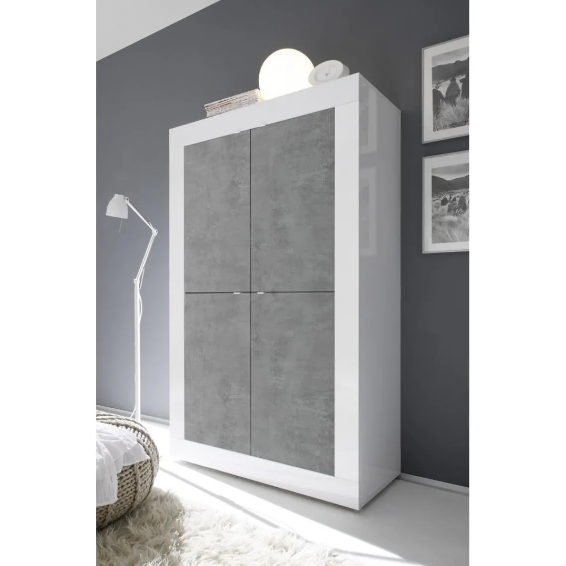 3S. x Home Buffet haut 4 portes en bois BASIC blanc et décor beton Clearance