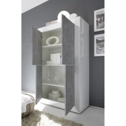 3S. x Home Buffet haut 4 portes en bois BASIC blanc et décor beton Clearance