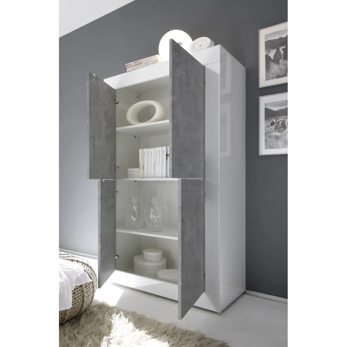3S. x Home Buffet haut 4 portes en bois BASIC blanc et décor beton Clearance