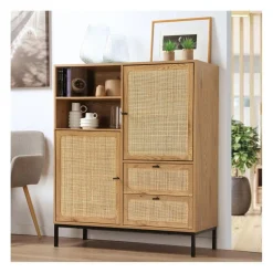 Calicosy Buffet Haut en cannage rotin naturel. 2 portes et 2 tiroirs en bois Beige Hot
