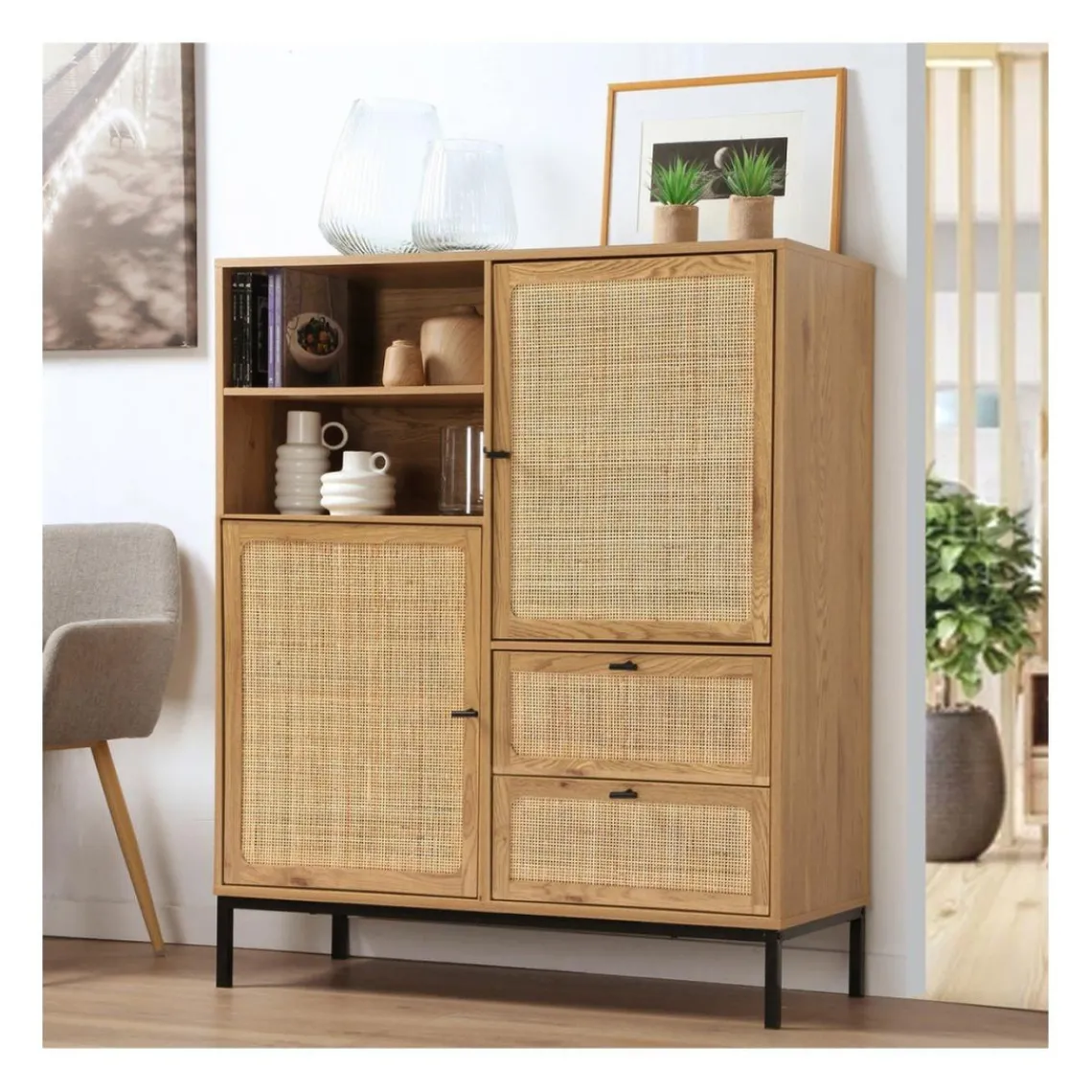 Calicosy Buffet Haut en cannage rotin naturel. 2 portes et 2 tiroirs en bois Beige Hot