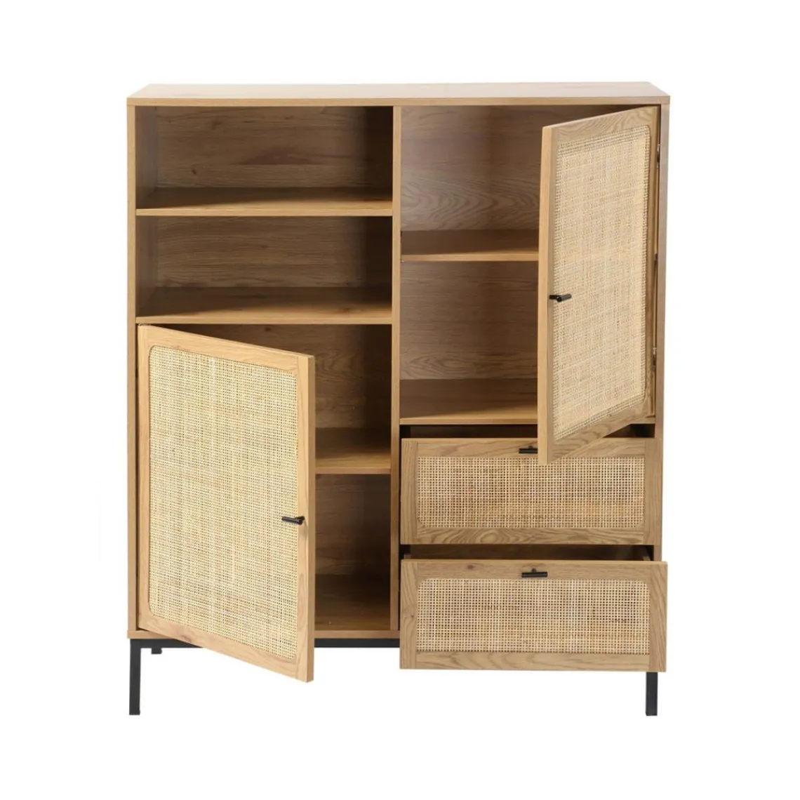 Calicosy Buffet Haut en cannage rotin naturel. 2 portes et 2 tiroirs en bois Beige Hot