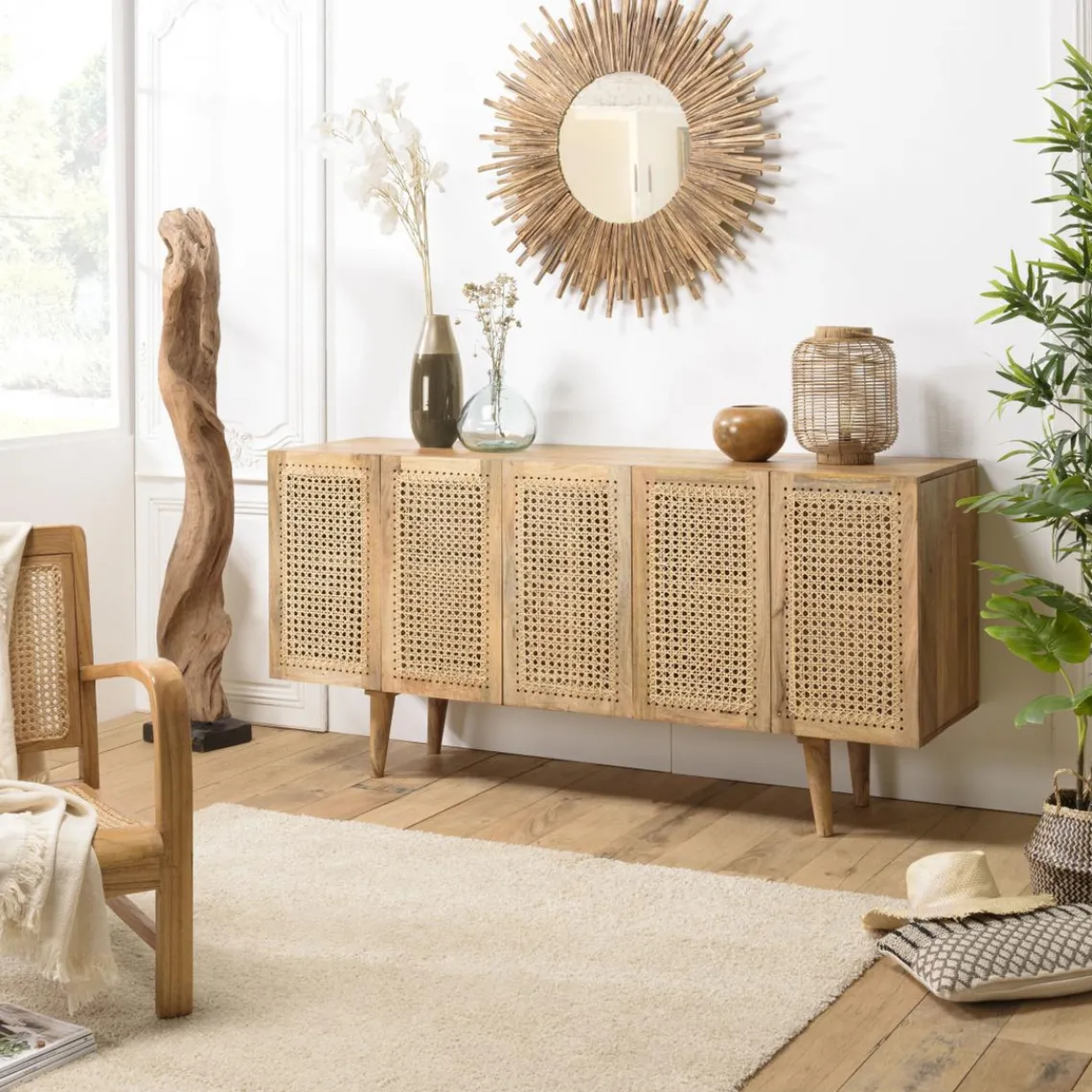 Macabane Buffet marron 5 portes bois de manguier et cannage naturel ISA Discount