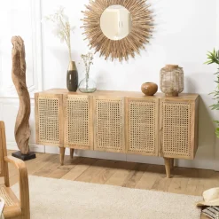 Macabane Buffet marron 5 portes bois de manguier et cannage naturel ISA Discount
