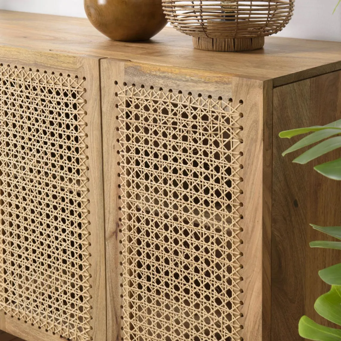 Macabane Buffet marron 5 portes bois de manguier et cannage naturel ISA Discount