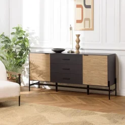 Macabane Buffet marron et noir 3 tiroirs 2 portes Pin pieds métal noir Hot