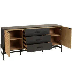 Macabane Buffet marron et noir 3 tiroirs 2 portes Pin pieds métal noir Hot