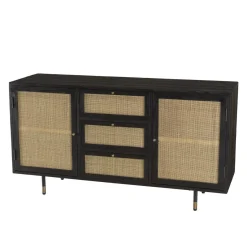 Macabane Buffet Noir 2 Portes Coulissantes 1 Porte Abattante Cannage YANIS New