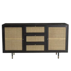 Macabane Buffet Noir 2 Portes Coulissantes 1 Porte Abattante Cannage YANIS New