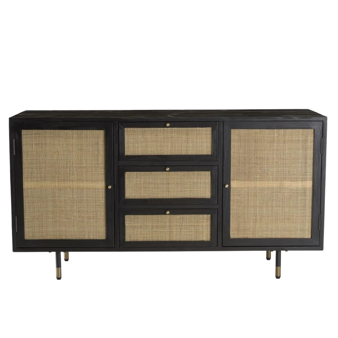 Macabane Buffet Noir 2 Portes Coulissantes 1 Porte Abattante Cannage YANIS New