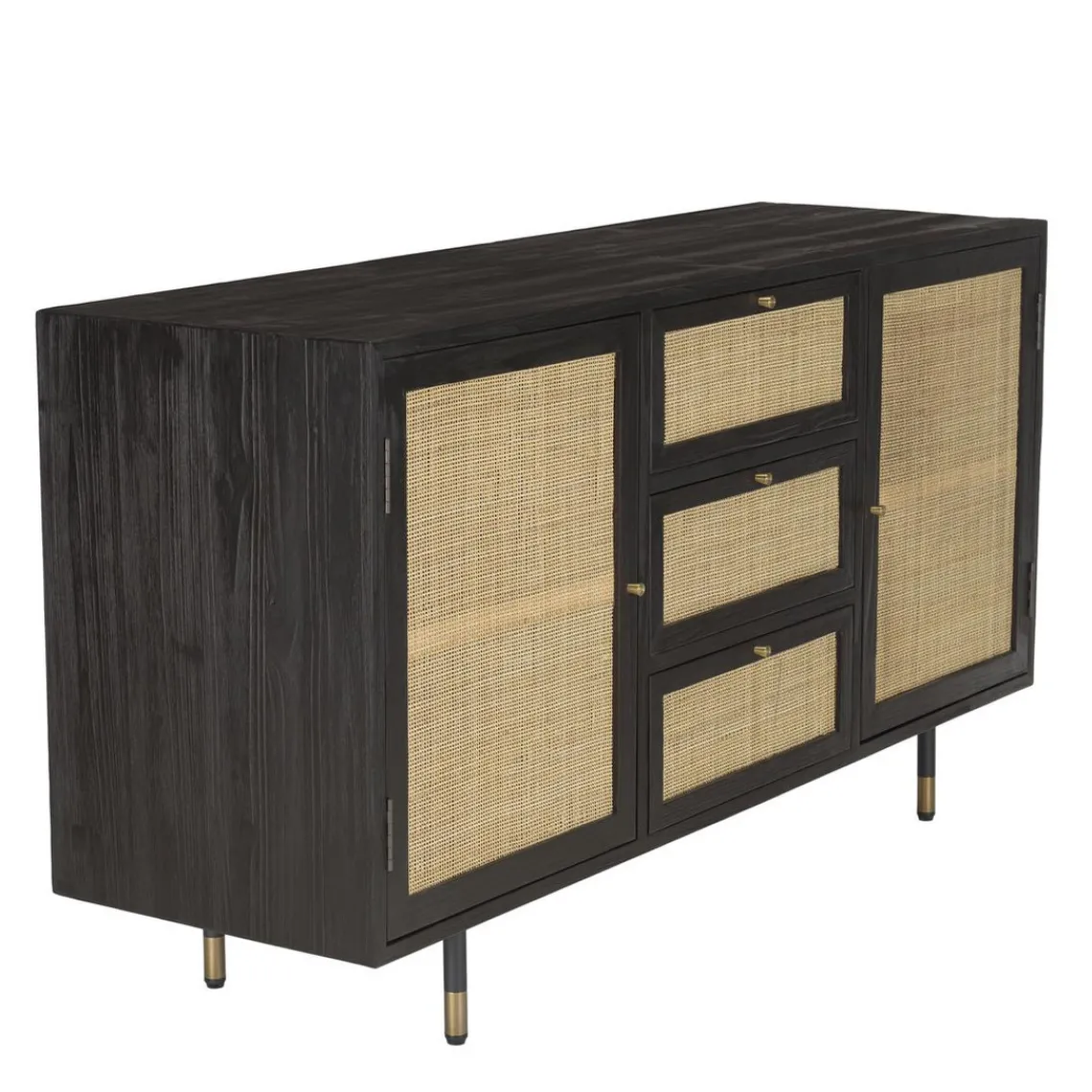 Macabane Buffet Noir 2 Portes Coulissantes 1 Porte Abattante Cannage YANIS New