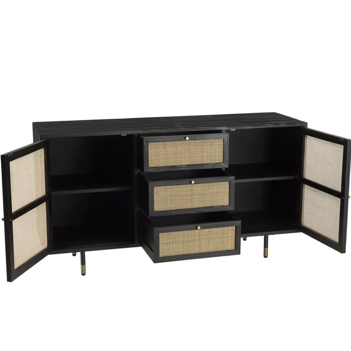 Macabane Buffet Noir 2 Portes Coulissantes 1 Porte Abattante Cannage YANIS New