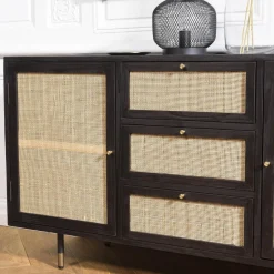 Macabane Buffet Noir 2 Portes Coulissantes 1 Porte Abattante Cannage YANIS New