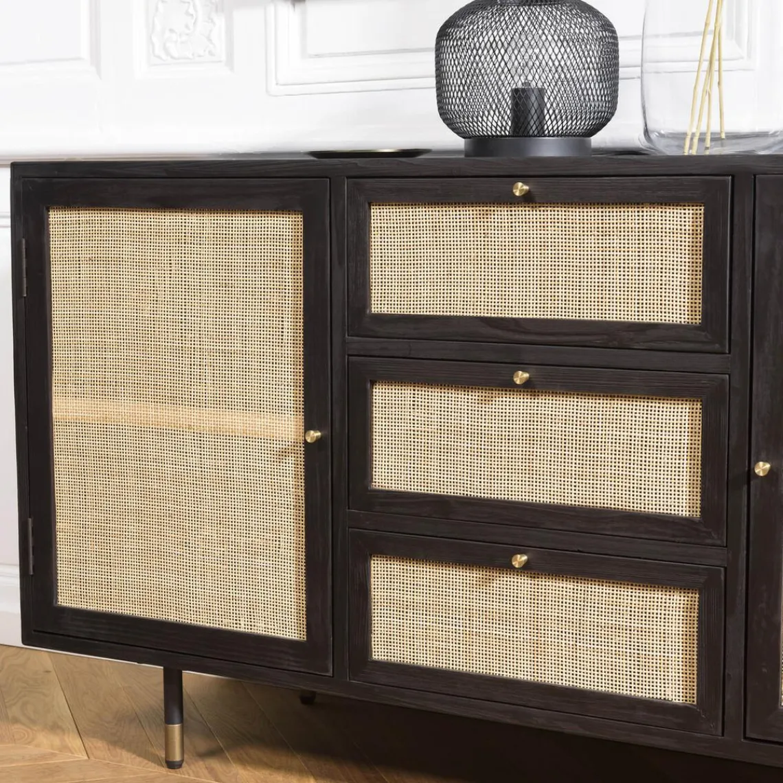 Macabane Buffet Noir 2 Portes Coulissantes 1 Porte Abattante Cannage YANIS New