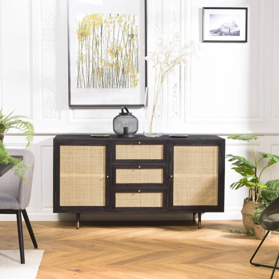 Macabane Buffet Noir 2 Portes Coulissantes 1 Porte Abattante Cannage YANIS New