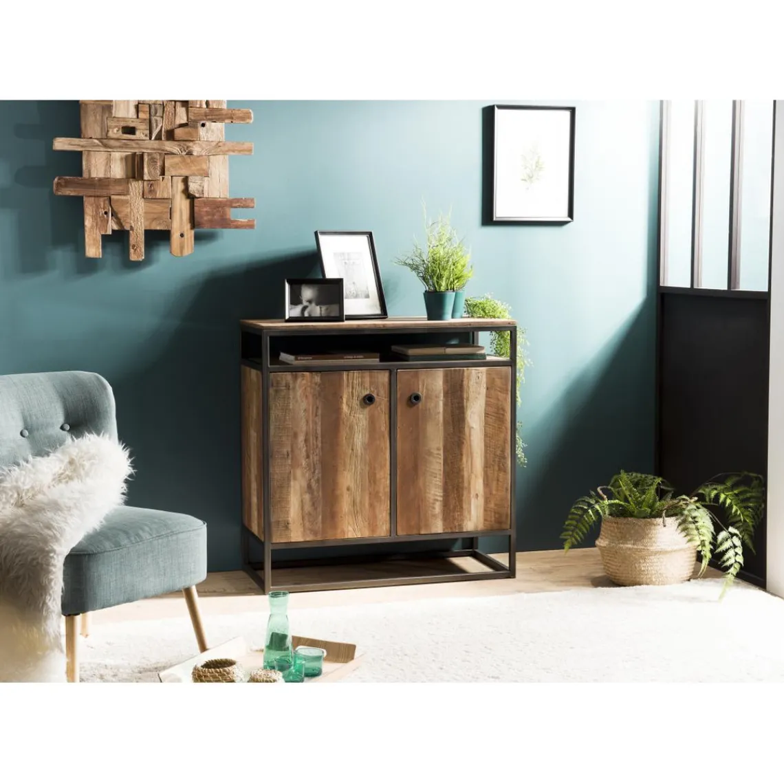 Macabane Buffet SIXTINE 2 Portes Et 1 Étagère Bois Teck Recyclé Acacia Mahogany Et Métal Clearance