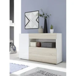 3S. x Home Buffet une porte, 1 tiroir, 1 abattant NICE blanc et facade décor chene Online