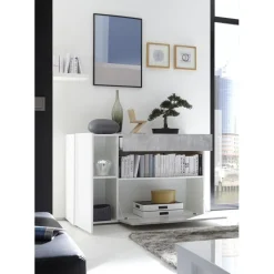 3S. x Home Buffet une porte, 1 tiroir, 1 abattant NICE blanc et facade décor beton Hot