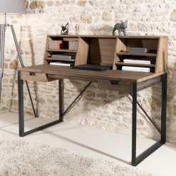 Macabane Bureau 2 tiroirs avec étagères en teck recyclé et métal - Brun Best