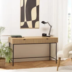 Macabane Bureau 2 tiroirs décor effet bois rainuré noir et naturel SCOTT Sale