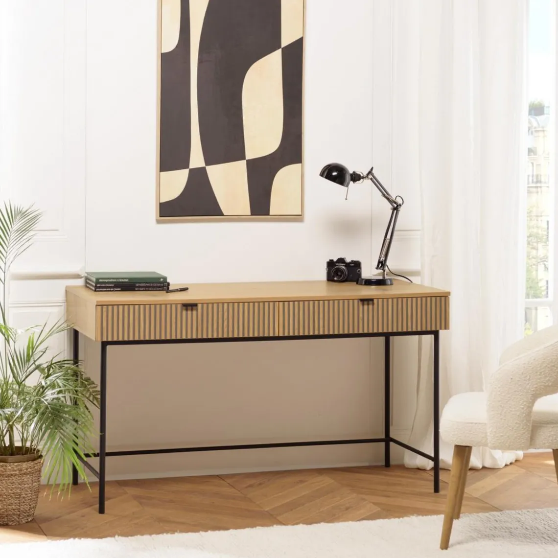 Macabane Bureau 2 tiroirs décor effet bois rainuré noir et naturel SCOTT Sale