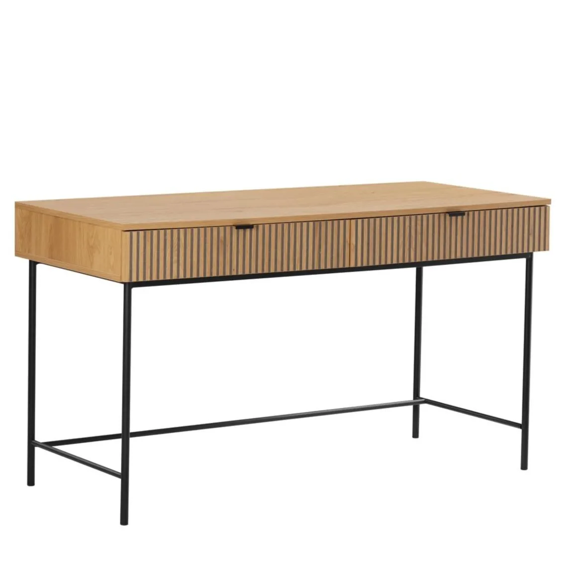 Macabane Bureau 2 tiroirs décor effet bois rainuré noir et naturel SCOTT Sale