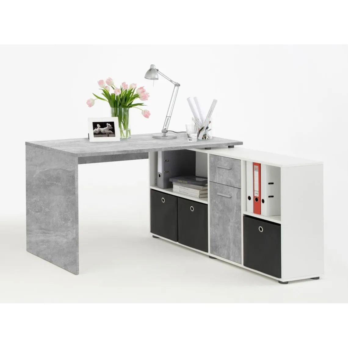 3S. x Home Bureau Angulaire Réversible Gris Béton Blanc MOUFY Outlet