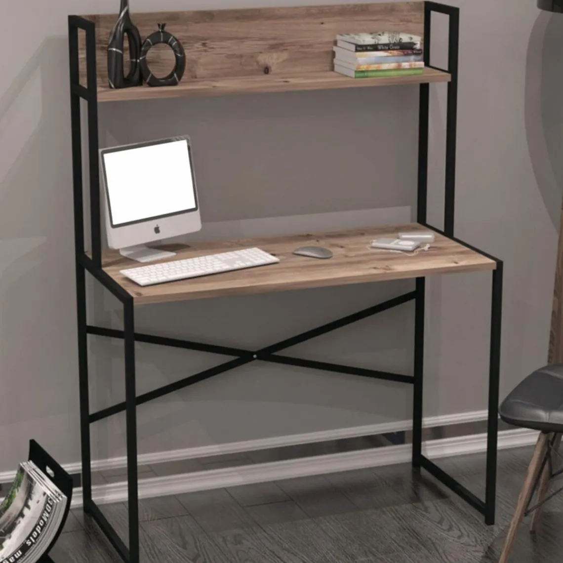 3S. x Home Bureau avec étagère style industriel BUZELIN L100xP50cm Chêne Marron Online