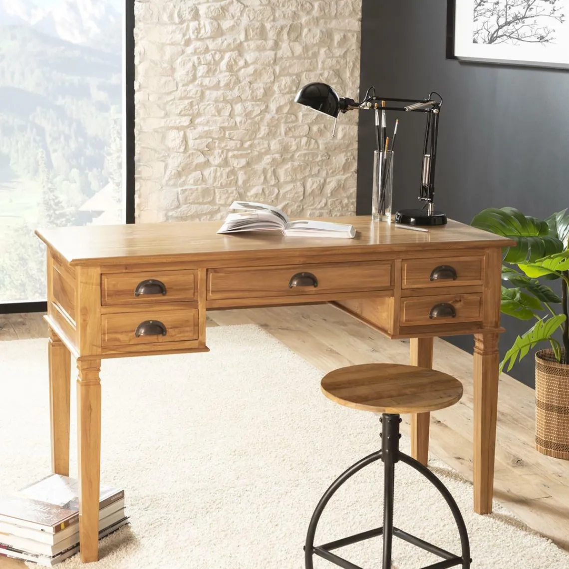 Macabane Bureau AYAN 5 Tiroirs Bois Teck Online