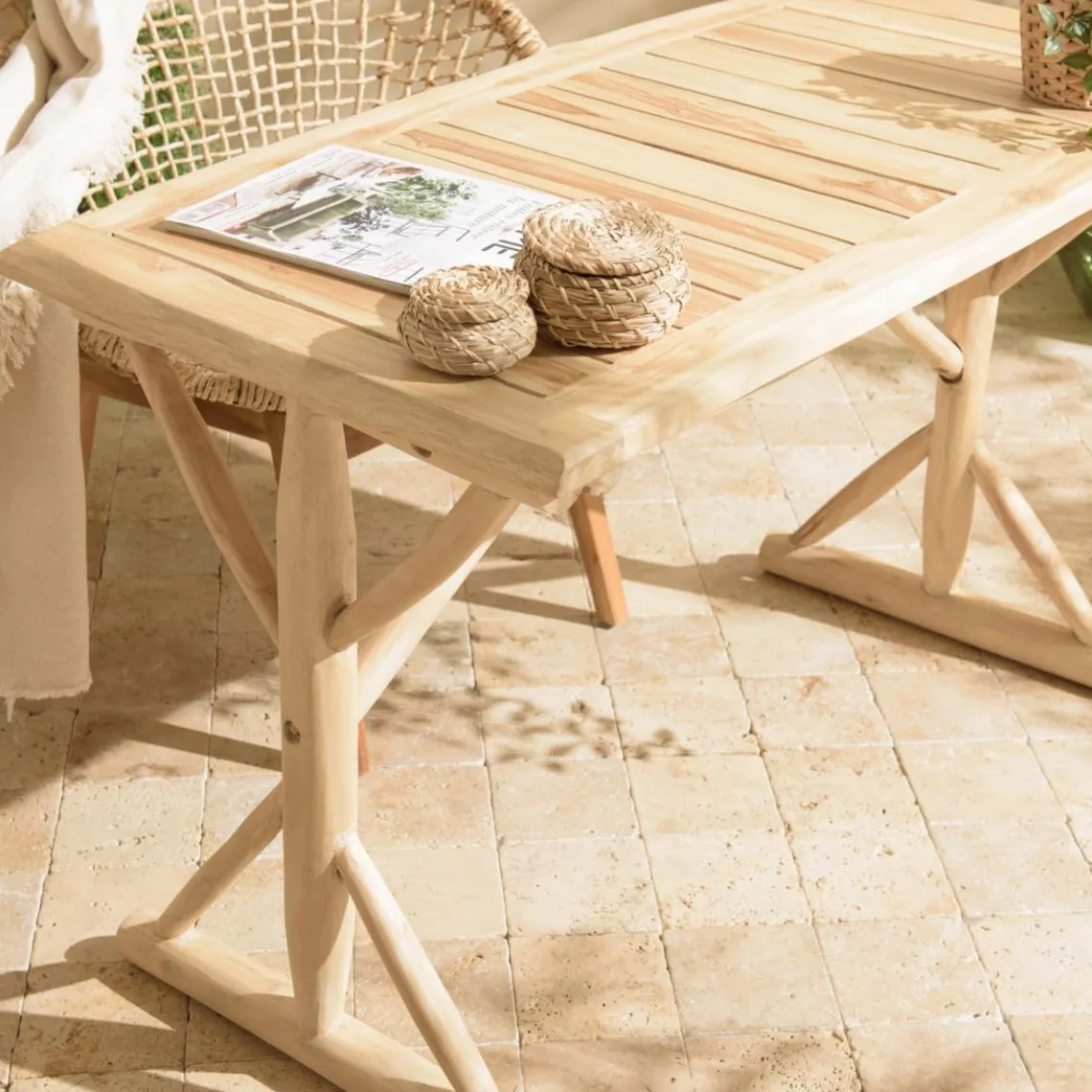 Macabane Bureau 120x60cm en branches de Teck naturel WILL Beige Discount