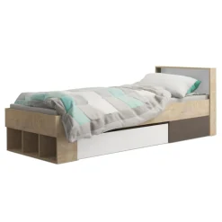 3S. x Home Cadre de lit simple Mitogo pour sommier avec 3 casiers de rangement Chêne clair New