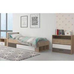 3S. x Home Cadre de lit simple Mitogo pour sommier avec 3 casiers de rangement Chêne clair New