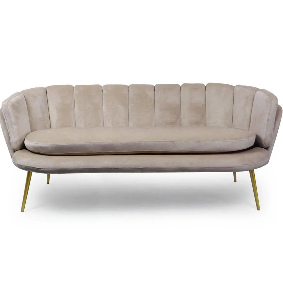 3S. x Home Canapé 3 places arrondi Brenda Velours Taupe pieds Or Sale