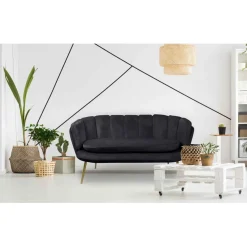 3S. x Home Canapé 2 Places Arrondi en Velours Noir Pieds Or Outlet