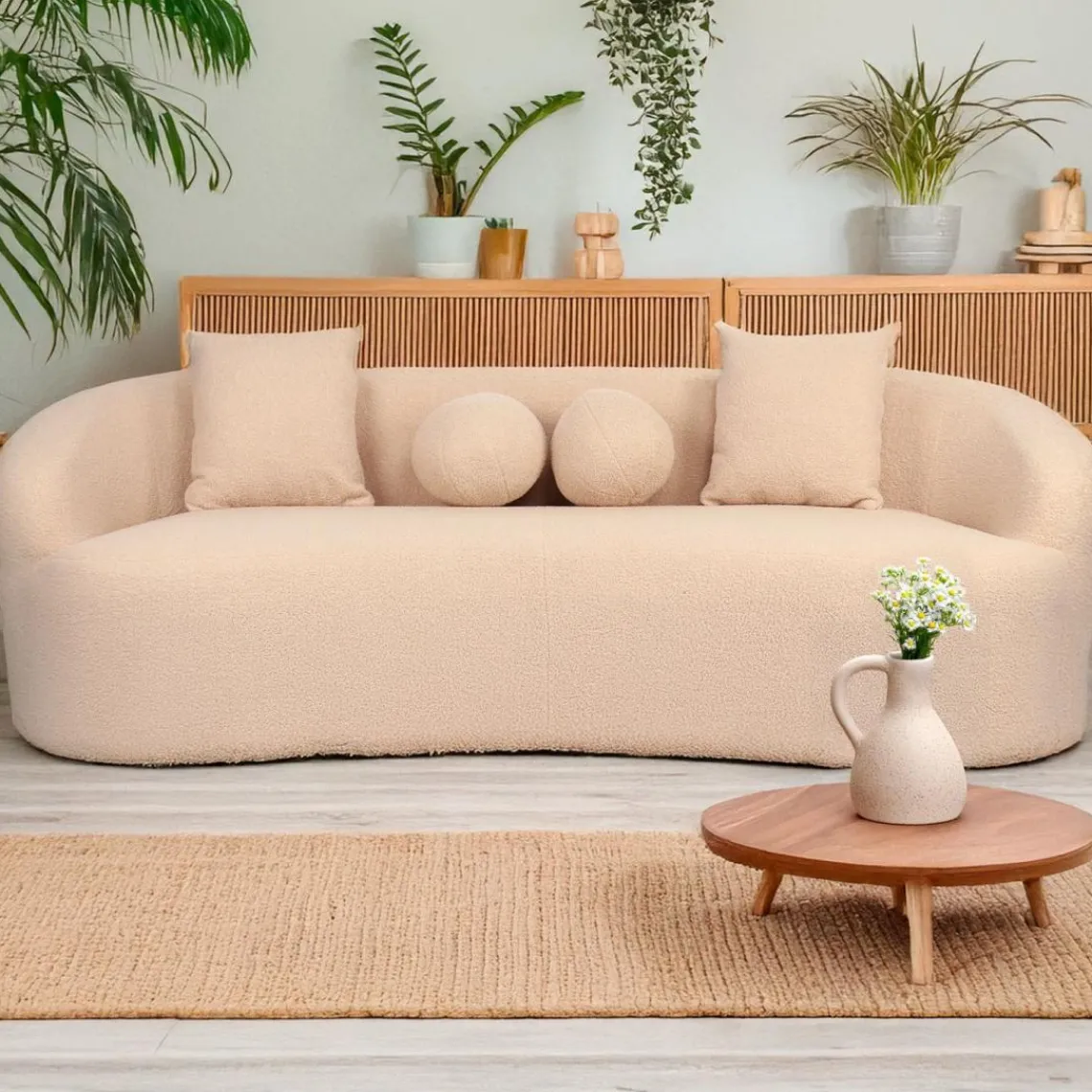 3S. x Home Canapé 4 places au design élégant et incurvé Alex XL Tissu bouclette Beige Discount