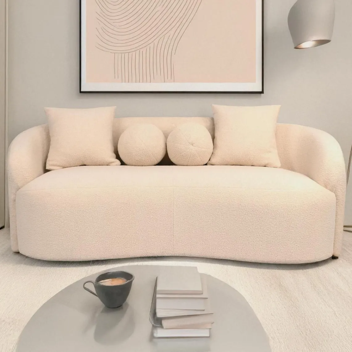 3S. x Home Canapé 3 places au design élégant et incurvé Alex Tissu bouclette Beige Clearance