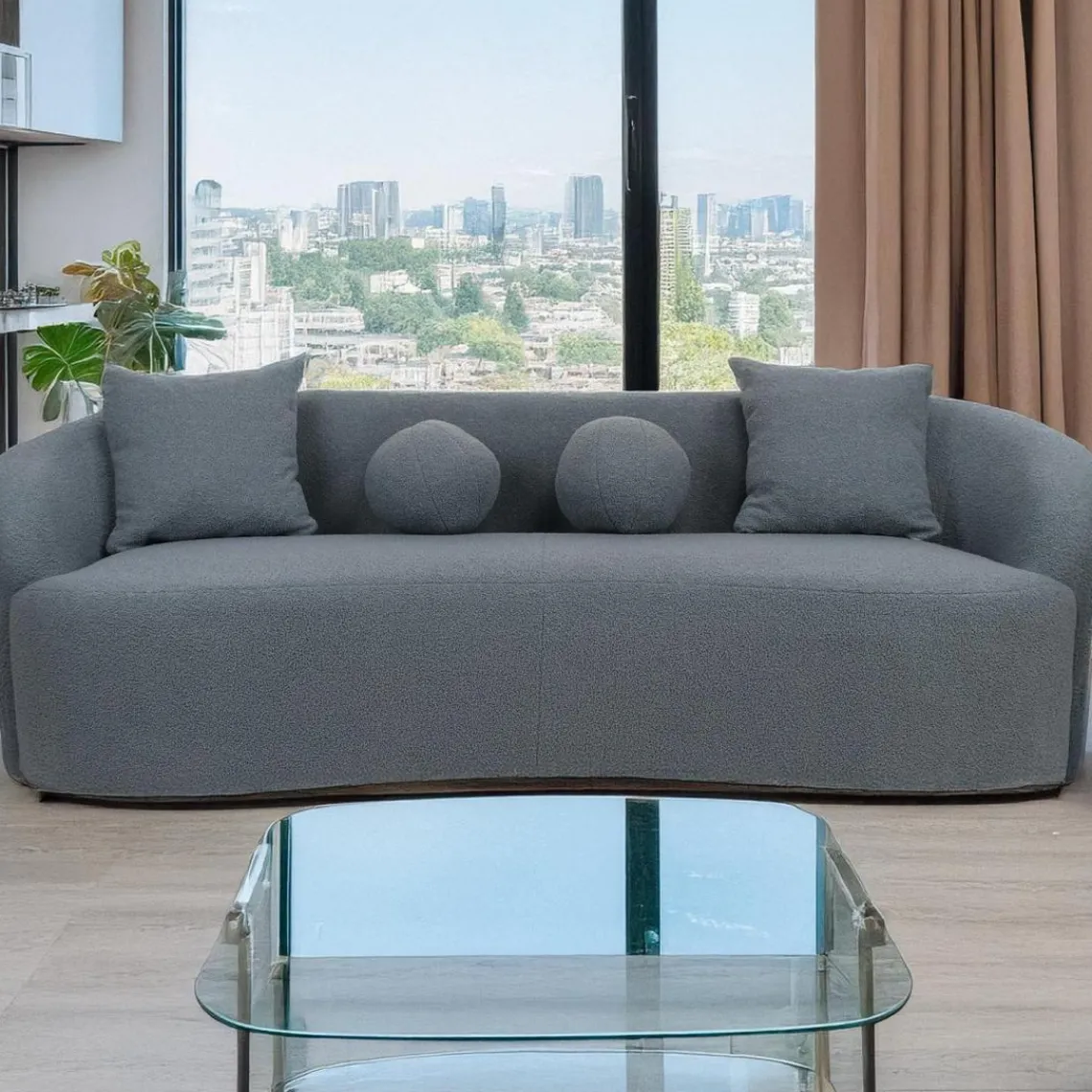 3S. x Home Canapé 4 places au design élégant et incurvé Alex XL Tissu bouclette Gris