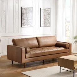 Macabane Canapé 3 places cuir couleur caramel assise capitonnée PIERRE Best